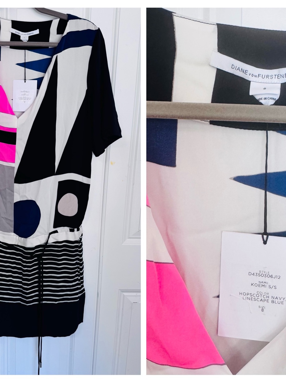 Diane von Furstenberg Kids Geometric Print Top in Navy, Pink & White